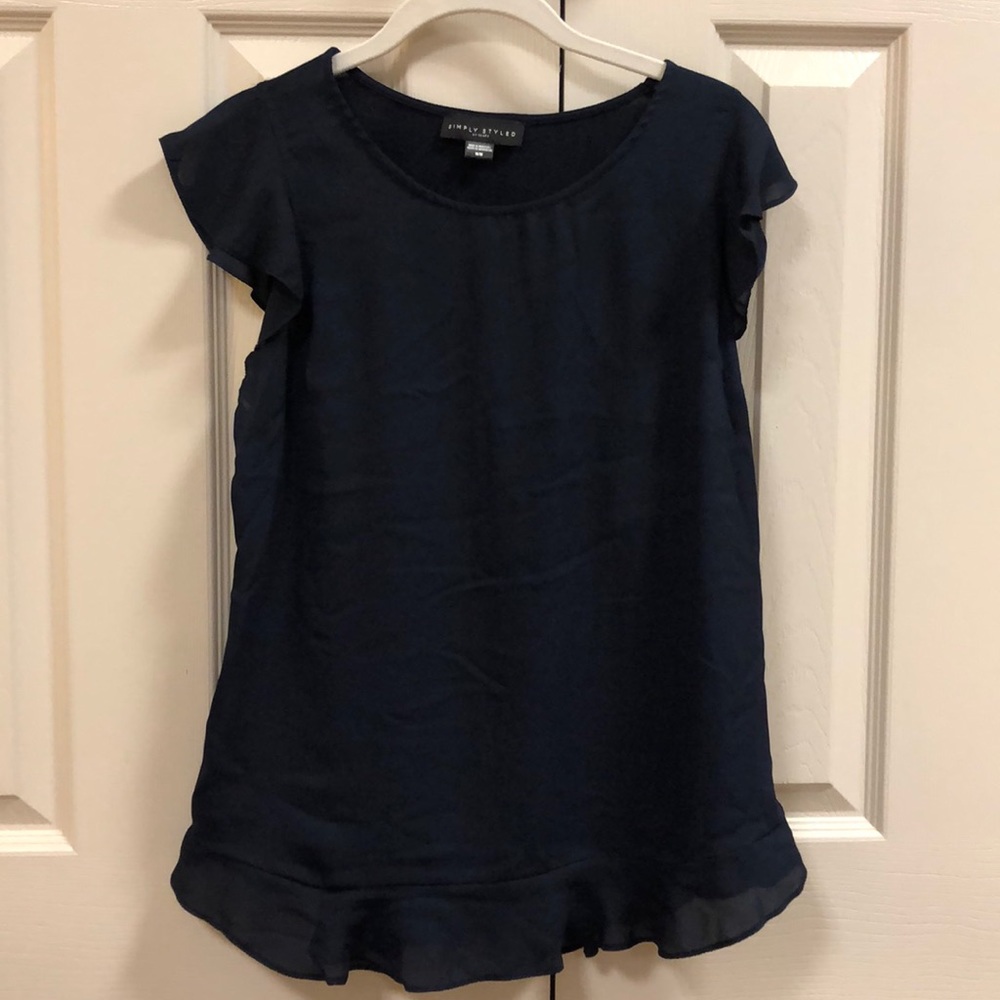 Navy blouse with ruffled sleeve and bottom